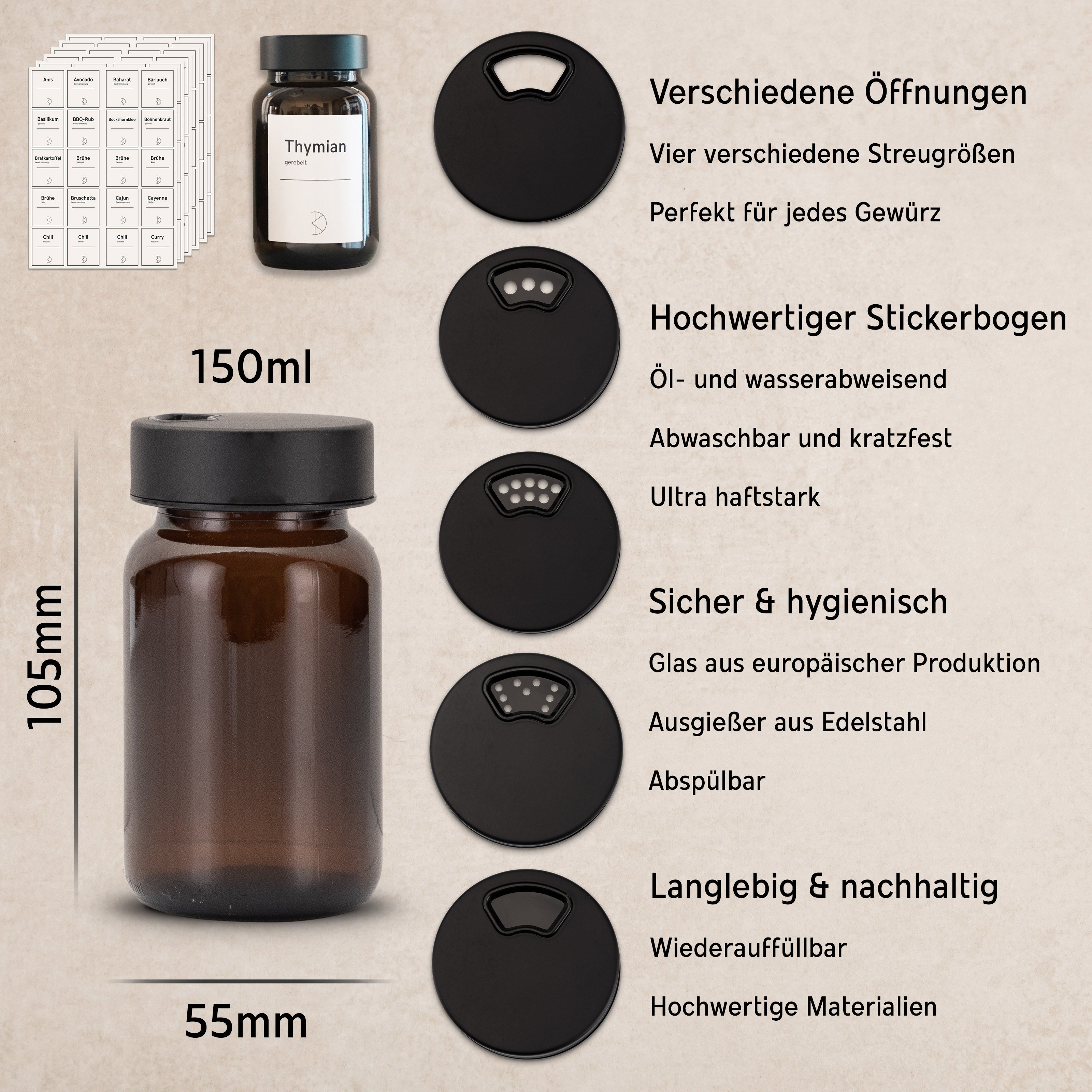 Premium Gewürzgläser Braunglas & Edelstahl: Aromaschutz und Ordnung für Profis