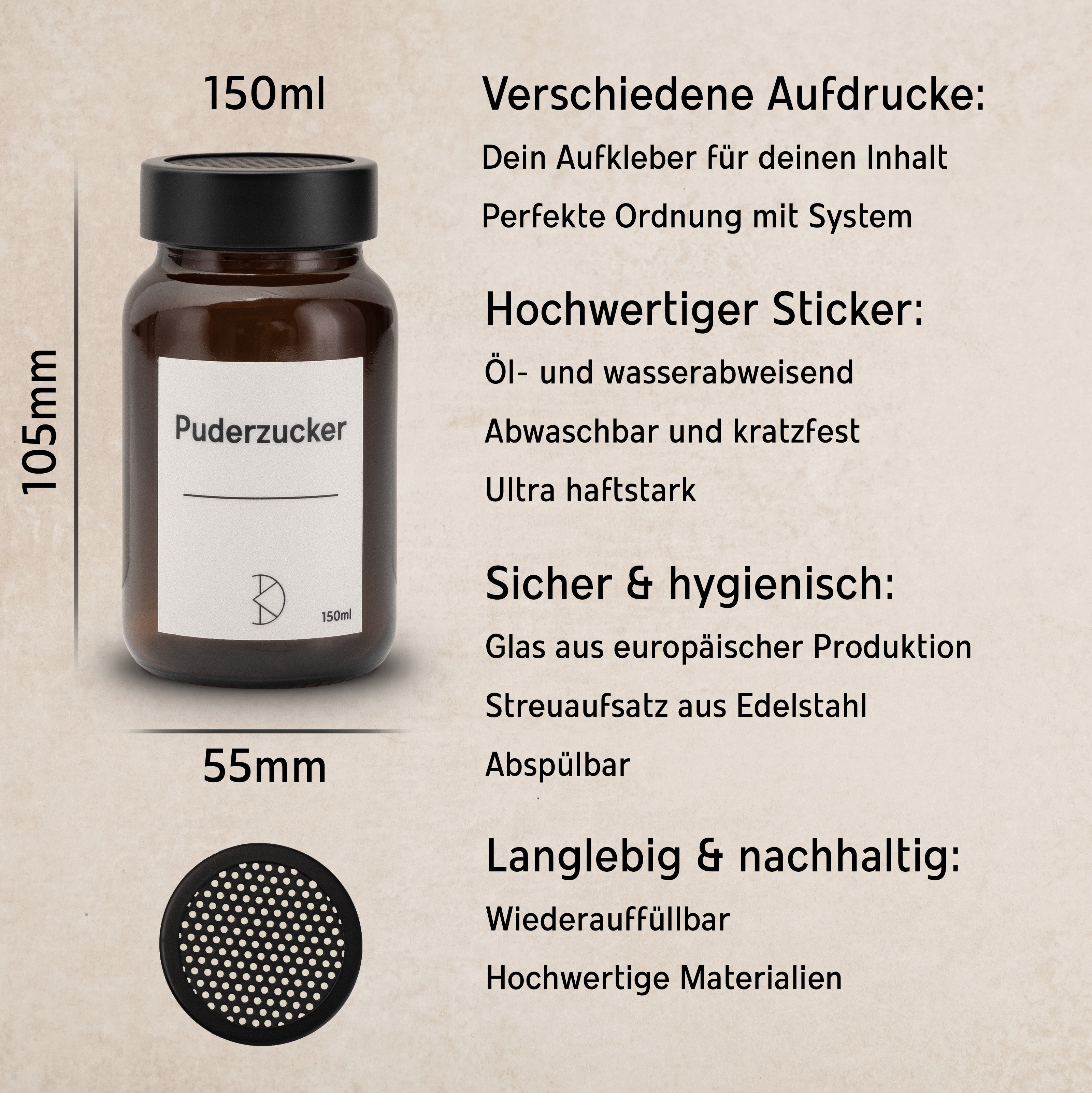 Puderzucker-, Kakao- & Zimtstreuer aus Braunglas – 150ml & 200ml mit Edelstahl-Dosierer - Koffs Design