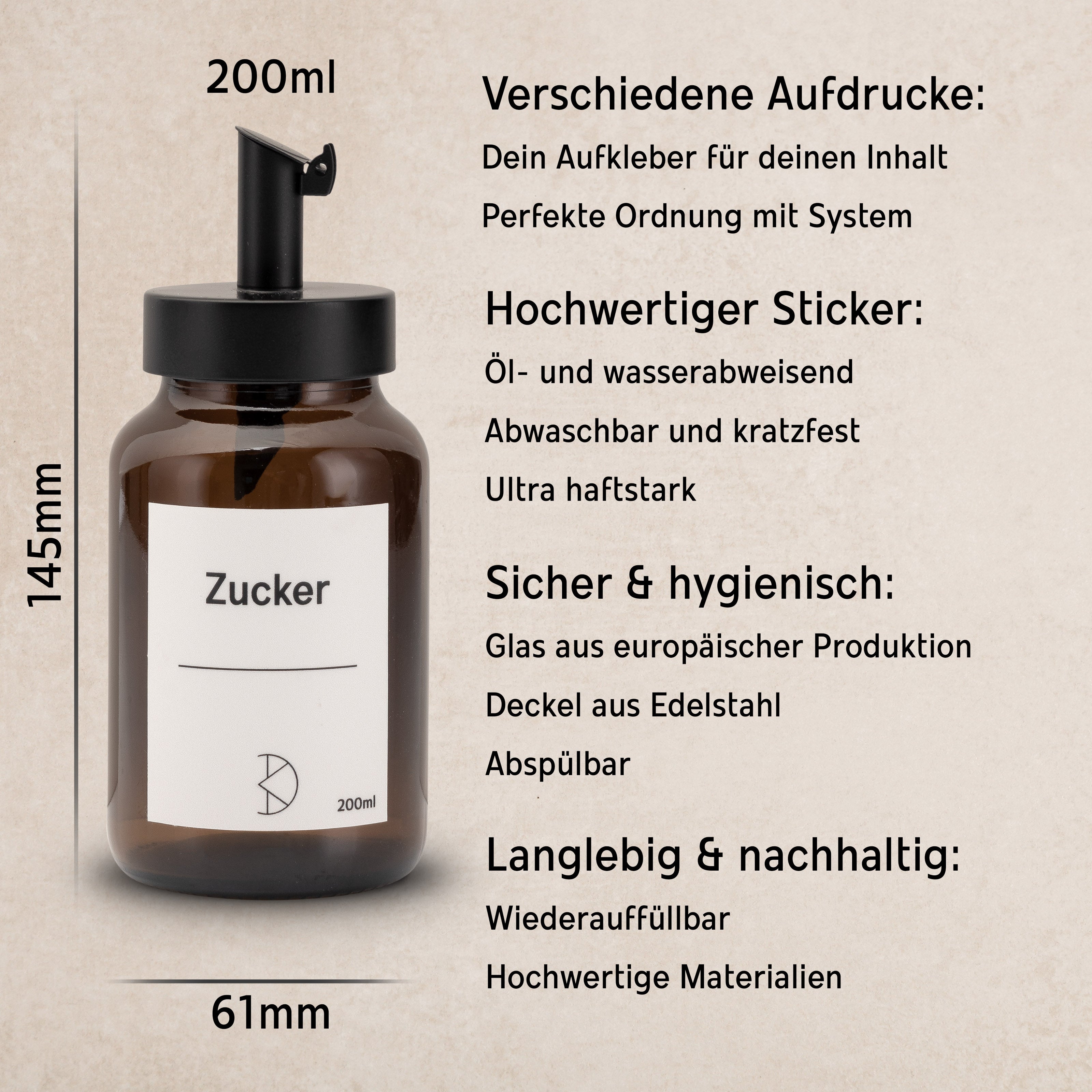 Zucker- & Saatenstreuer aus Braunglas – 200ml oder 300ml mit Edelstahl-Dosierer - Koffs Design