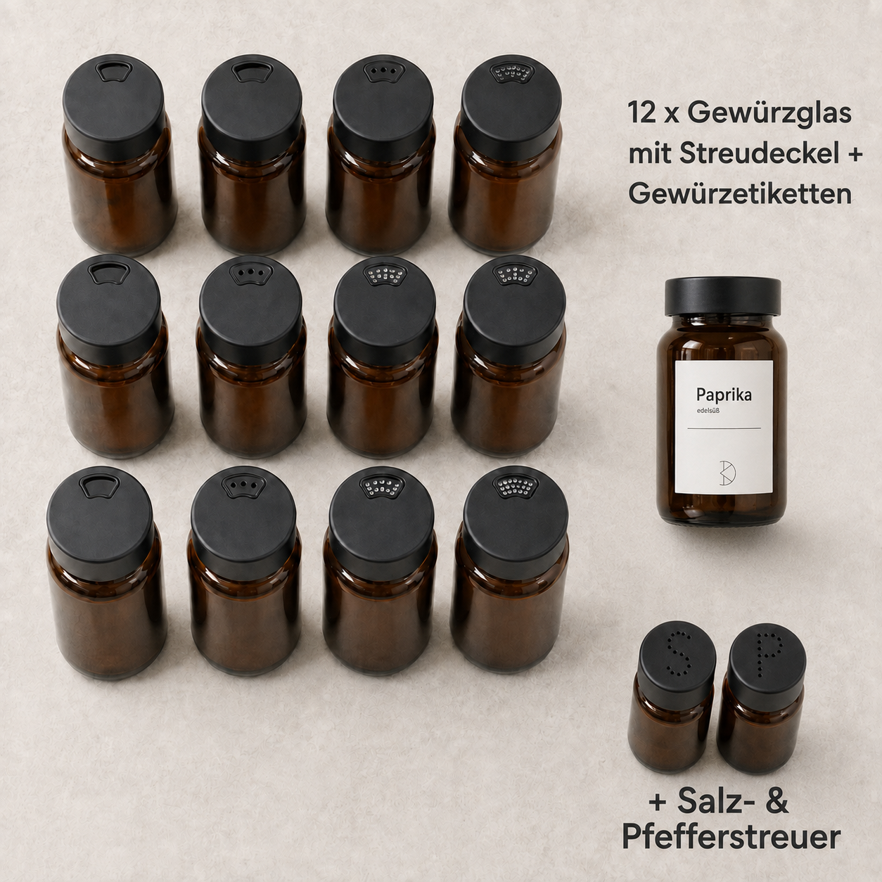 Gewürzregal-Neustart – 12er Gewürzglas-Set aus Braunglas, inkl. Salz- & Pfefferstreuer gratis