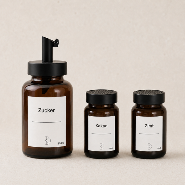Kaffeetisch-Trio – 3-teiliges Streuer-Set für Zucker, Kakao und Zimt aus Braunglas & Edelstahl