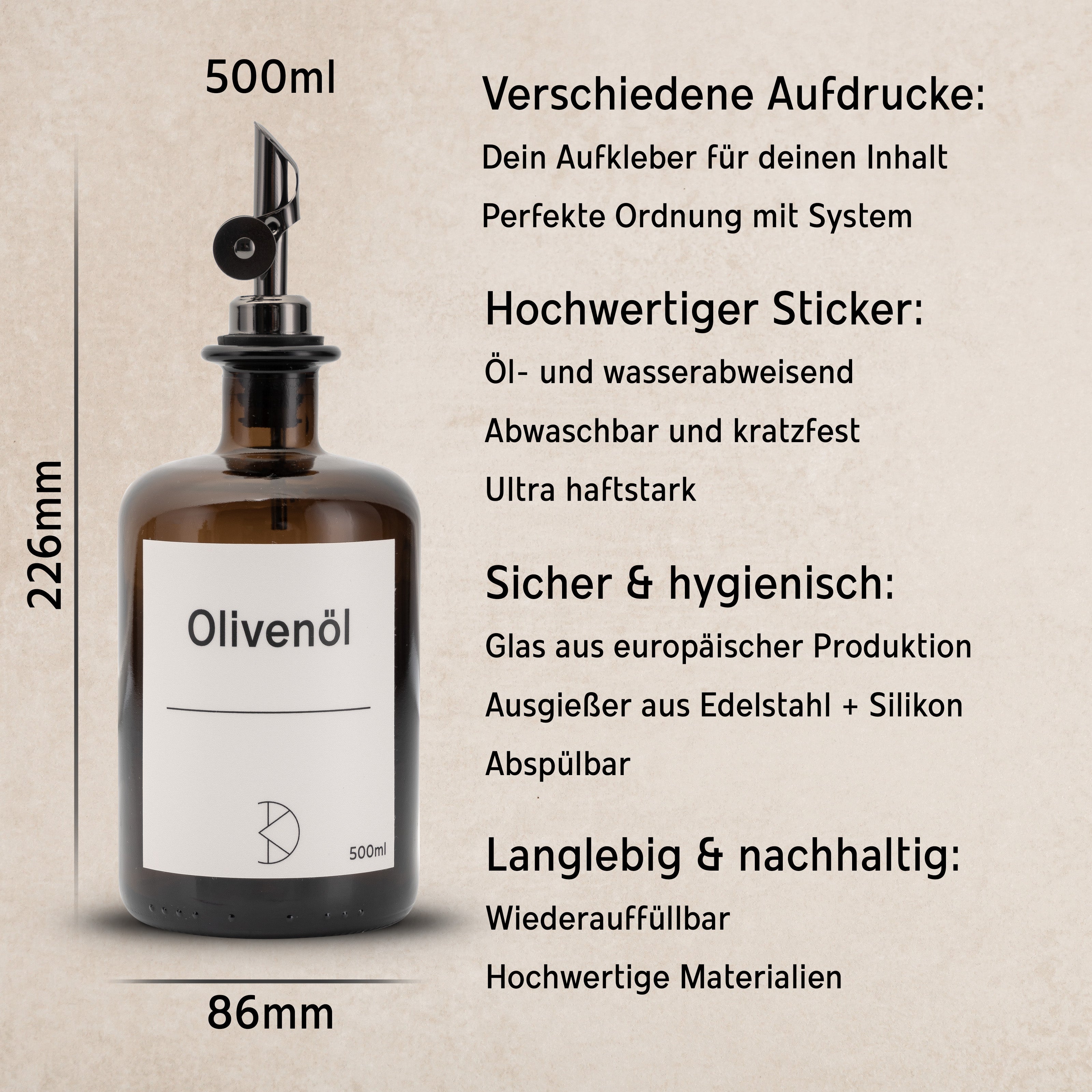 Design Ölflasche aus Braunglas – 500 ml mit Edelstahl-Ausgießer - Koffs Design