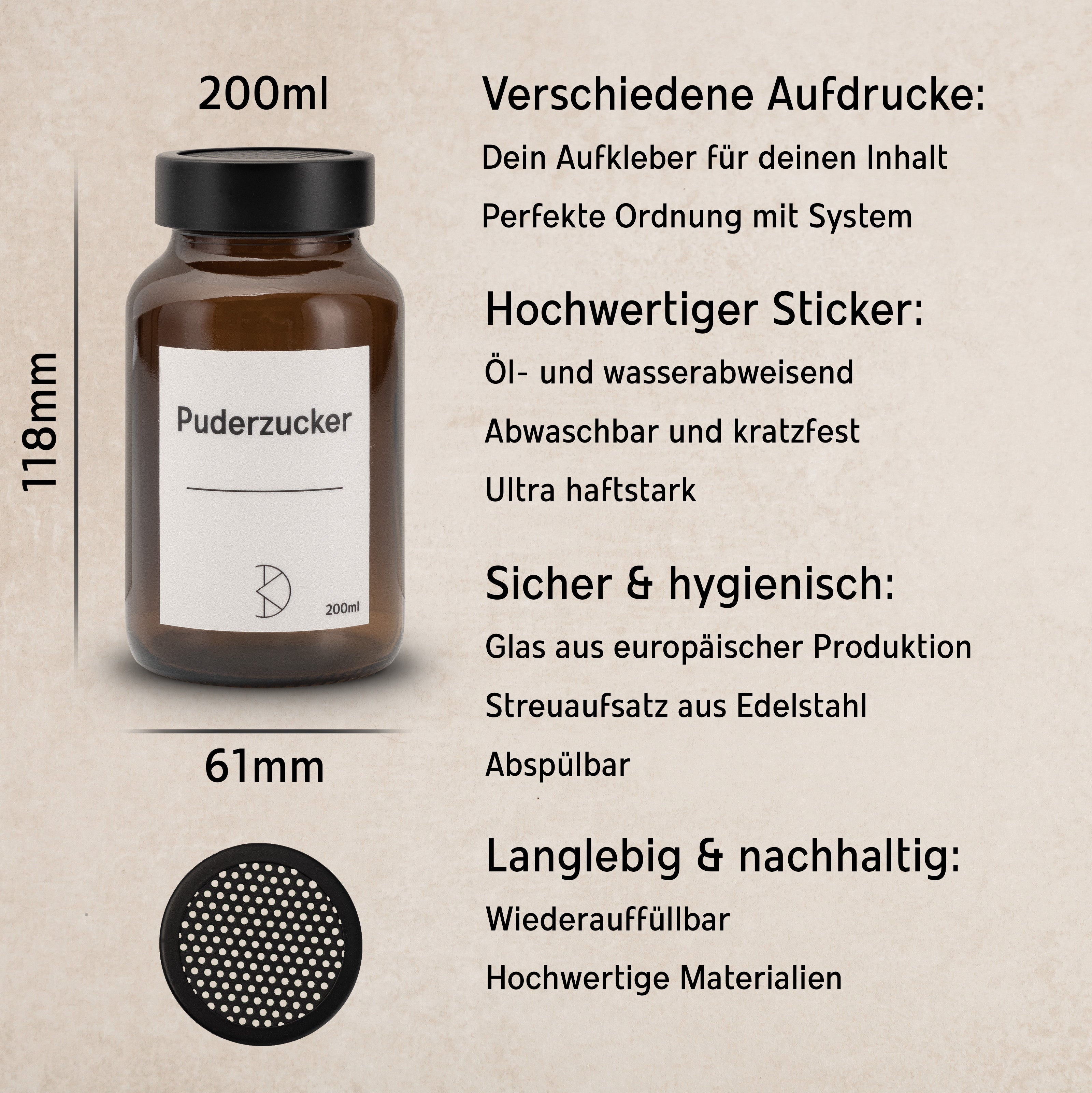 Feinstreuer für Puderzucker, Kakao & Zimt – 150 ml &  200 ml aus Braunglas mit Edelstahl-Dosierer - Koffs Design