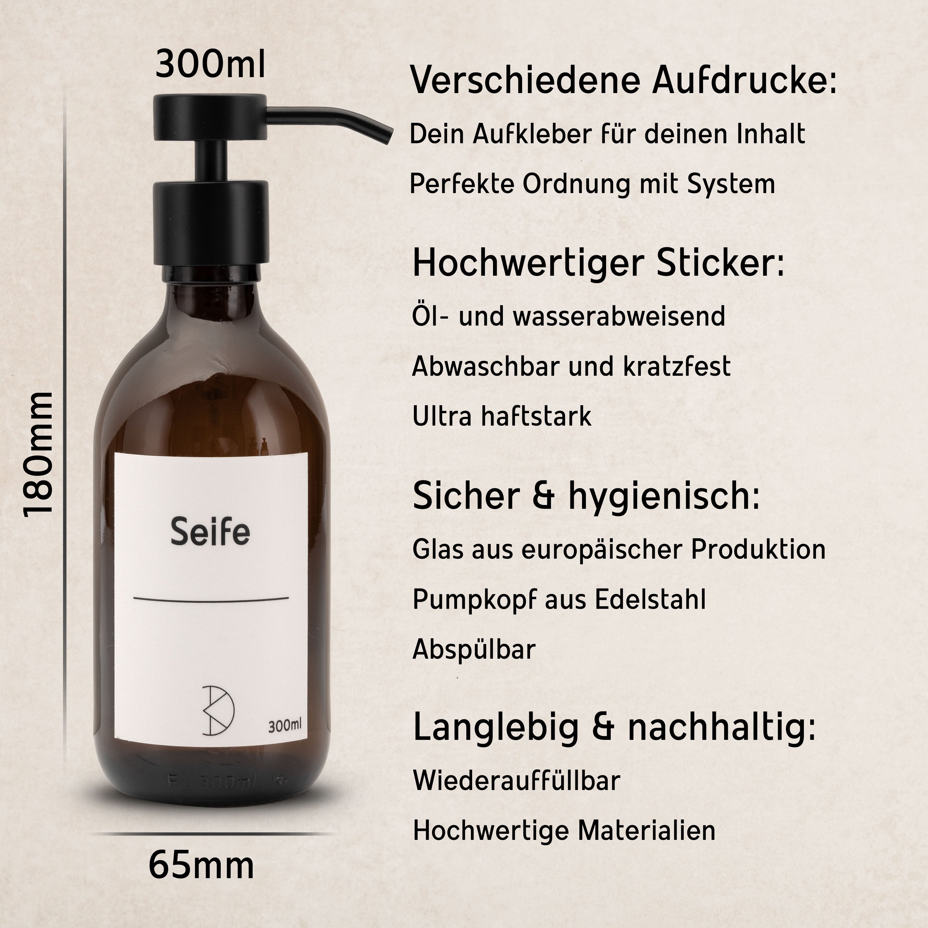 Seifenspender aus Braunglas – 300 ml Designflasche mit Edelstahlpumpe - blanko