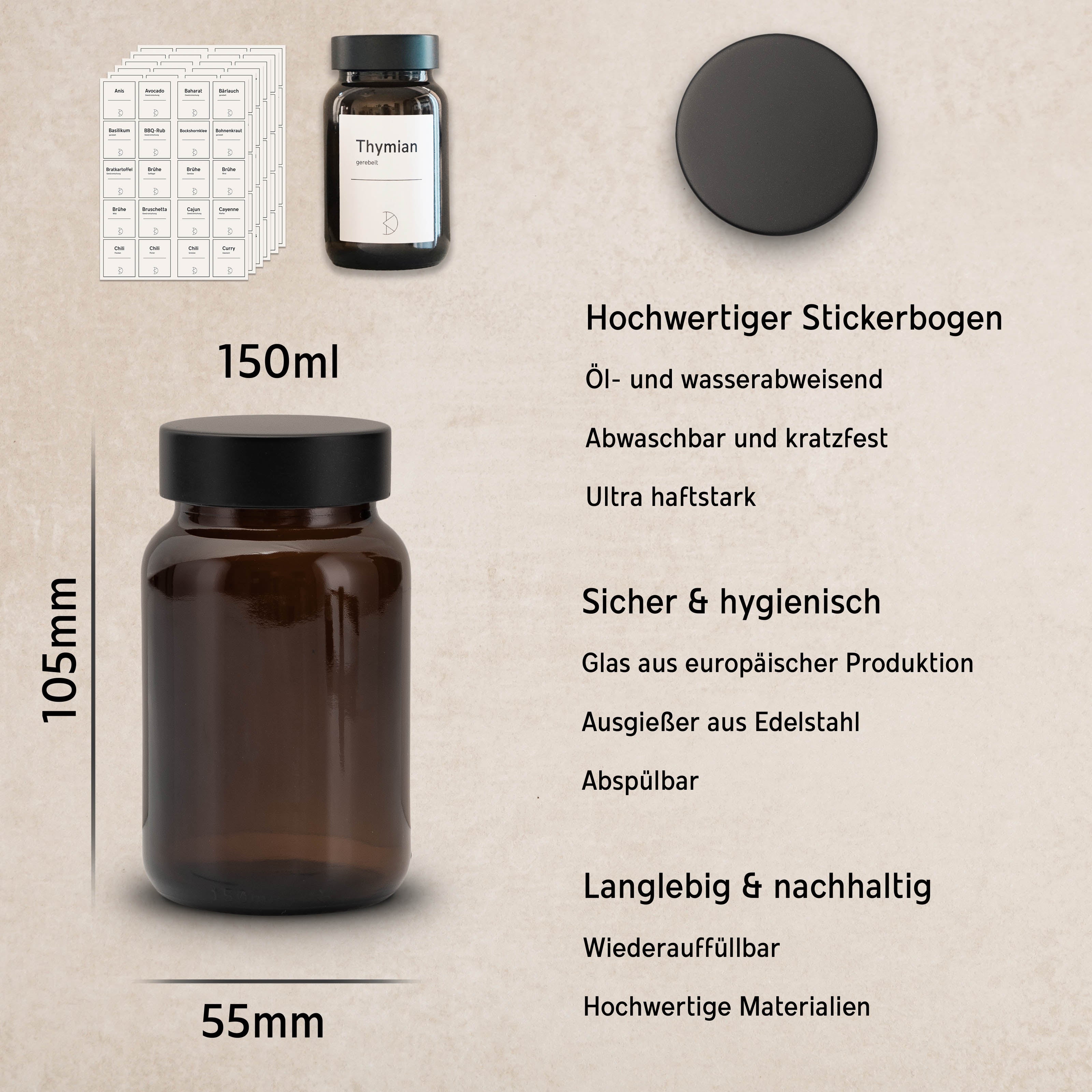 Premium Gewürzglas mit Edelstahldeckel in matt schwarz - Aromaschutz & Stil