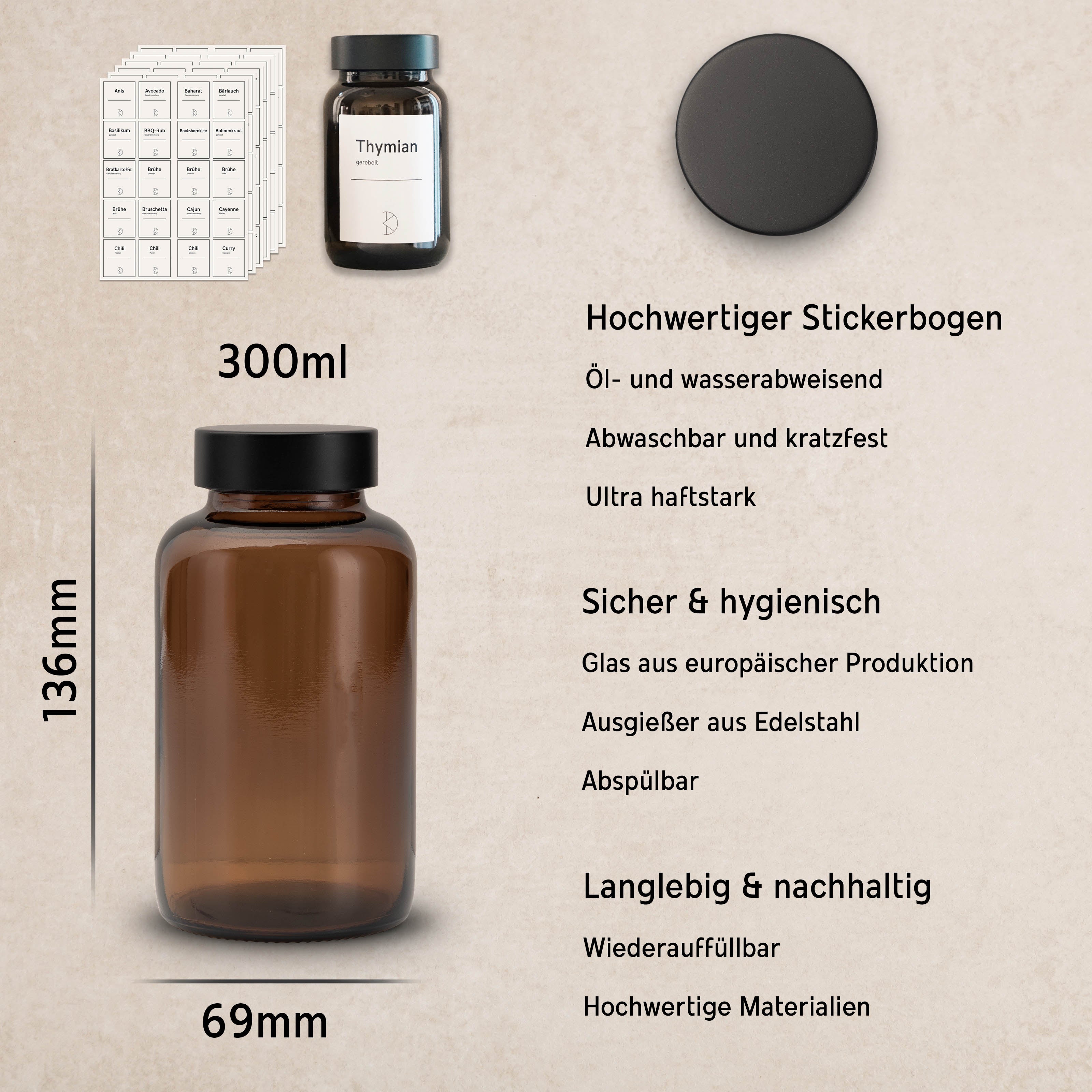 Premium Gewürzglas mit Edelstahldeckel in matt schwarz - Aromaschutz & Stil