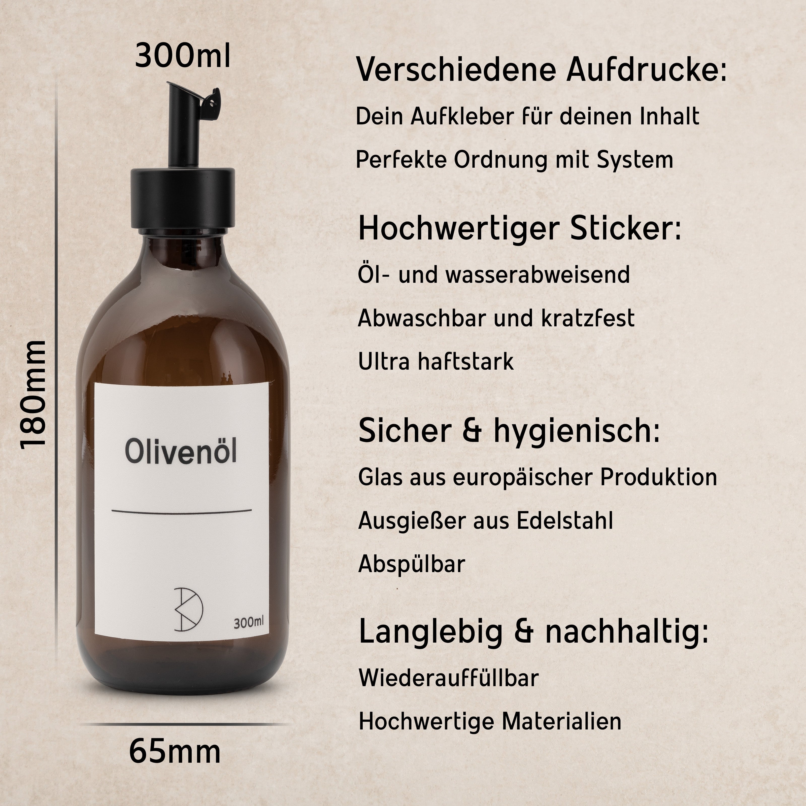 Design-Ölflasche aus Braunglas – 300 ml mit Edelstahl-Ausgießer