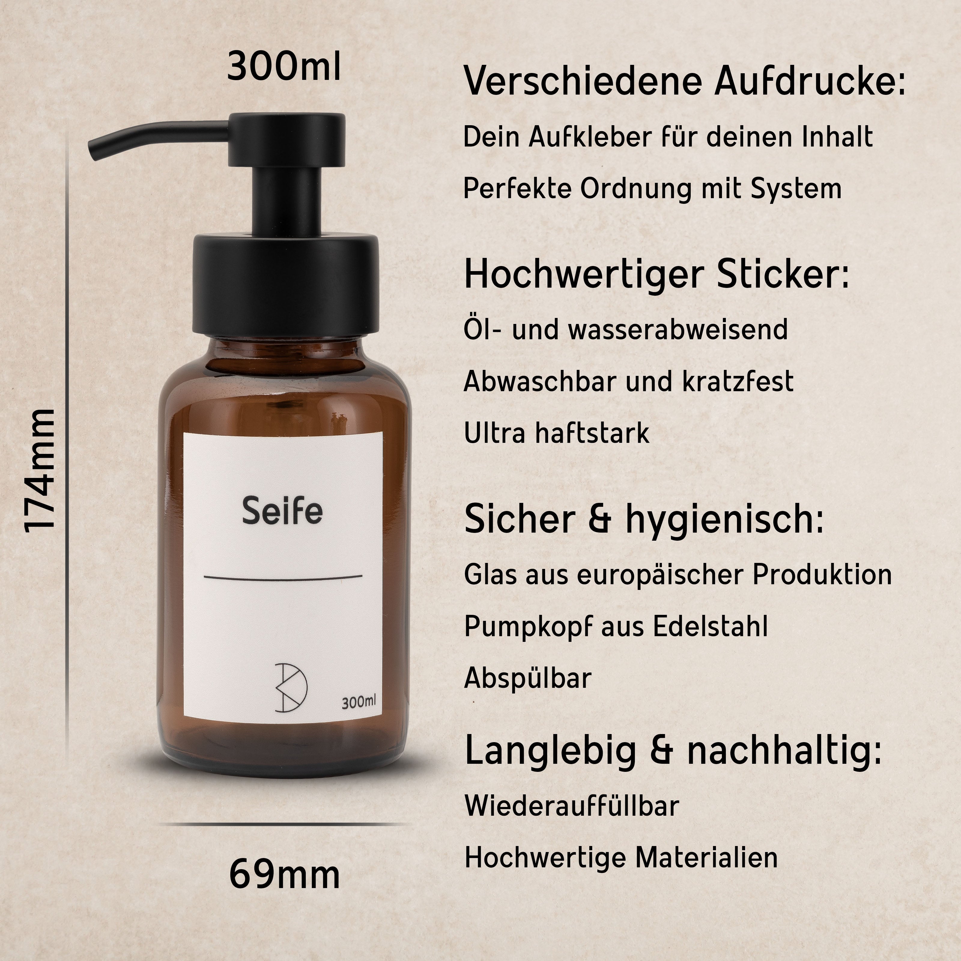 Braunglas Seifenspender Schwarz – Fertig beschriftet & Wasserfest: Perfektion für Bad & Küche