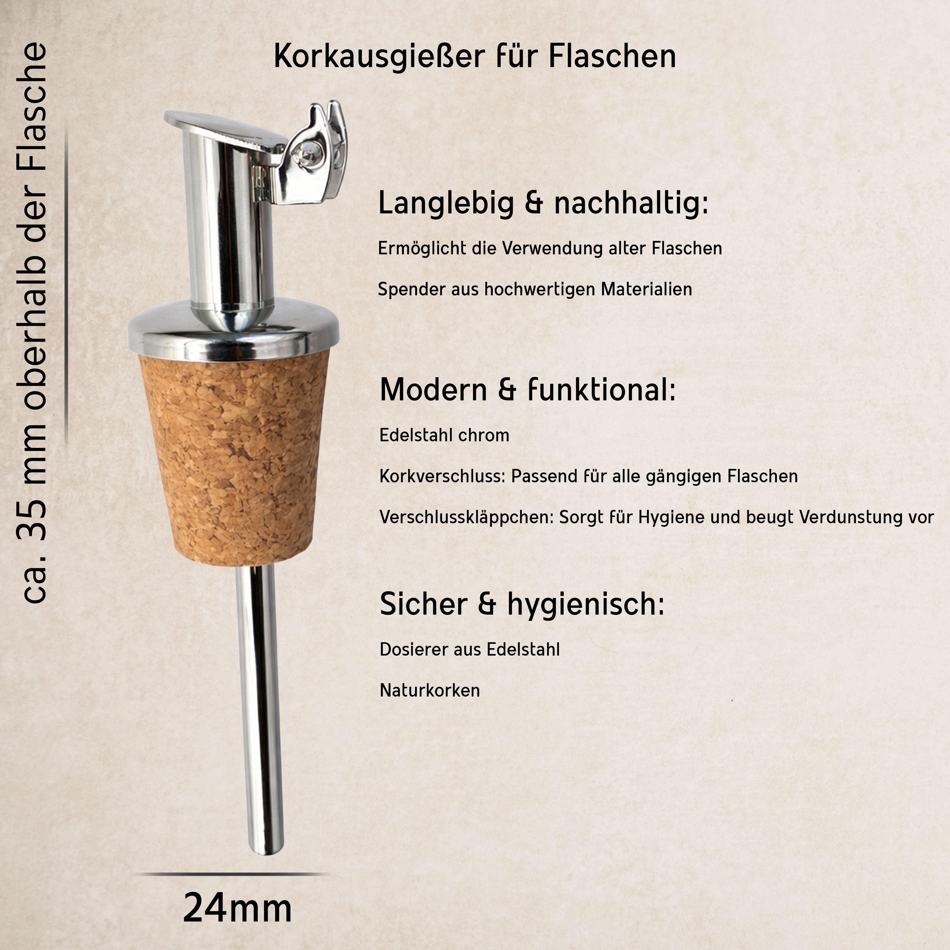 Ausgießer aus Edelstahl mit Naturkorken – Tropffreies Dosieren für Öl & Spirituosen