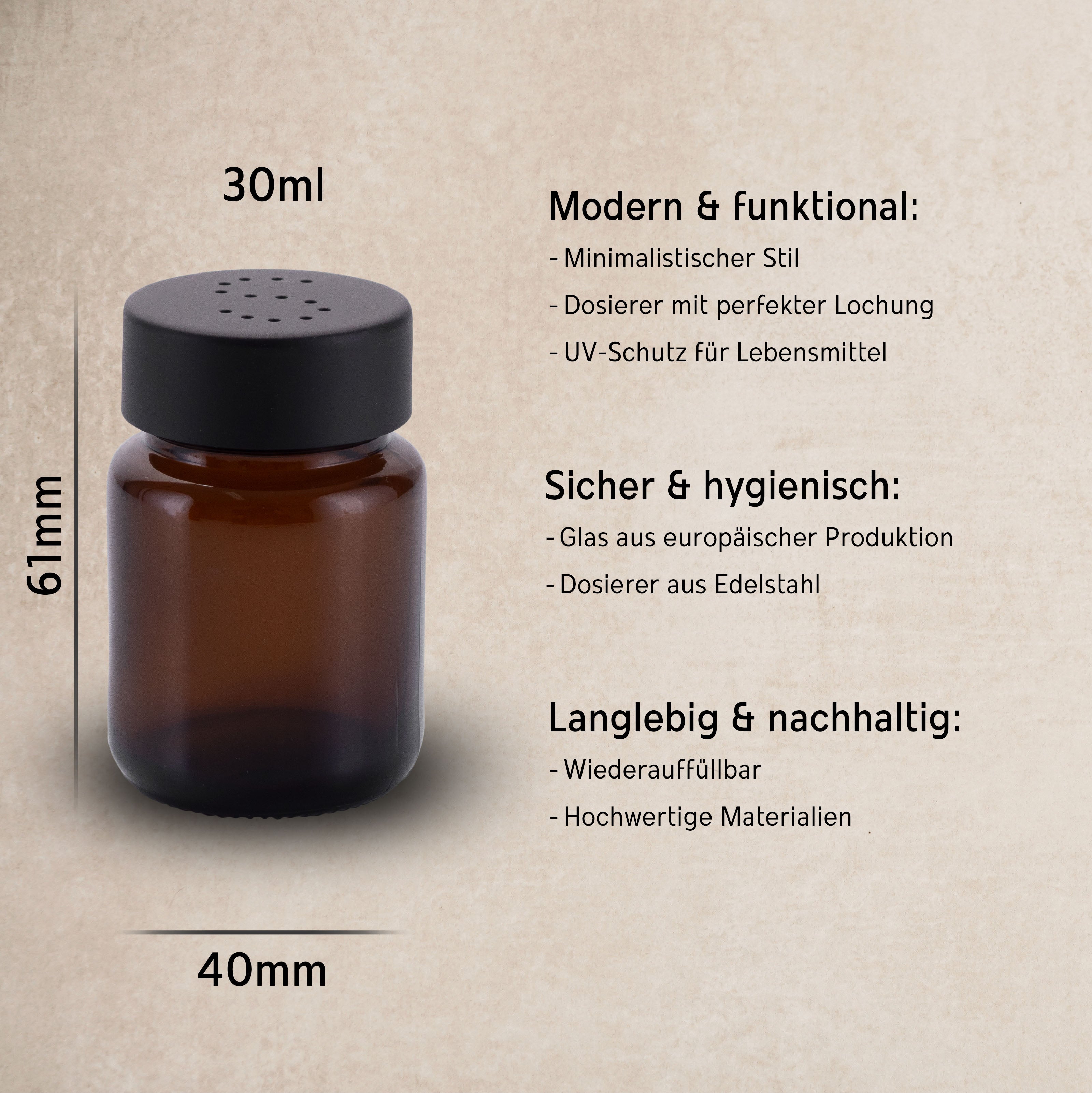 Salz- und Pfefferstreuer aus Braunglas mit Edelstahl-Deckel - Koffs Design